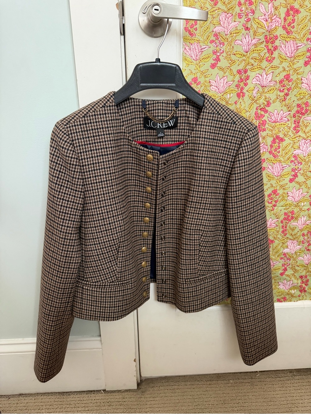 J. Crew Brown Houndstooth Cropped Button Blazer